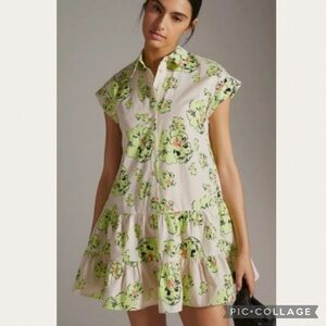 :Price Firm: Anthropologie Maeve Swiss Dot Floral Tiered Mini Shirtdress